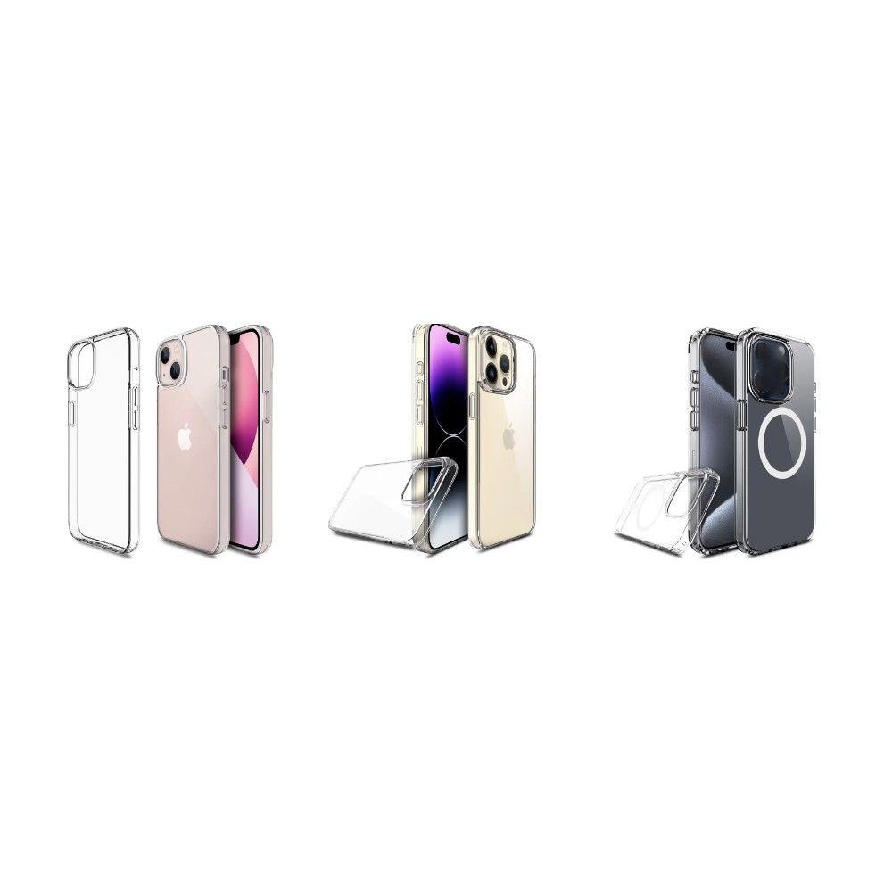 Clear shockproof cases on three iPhone models