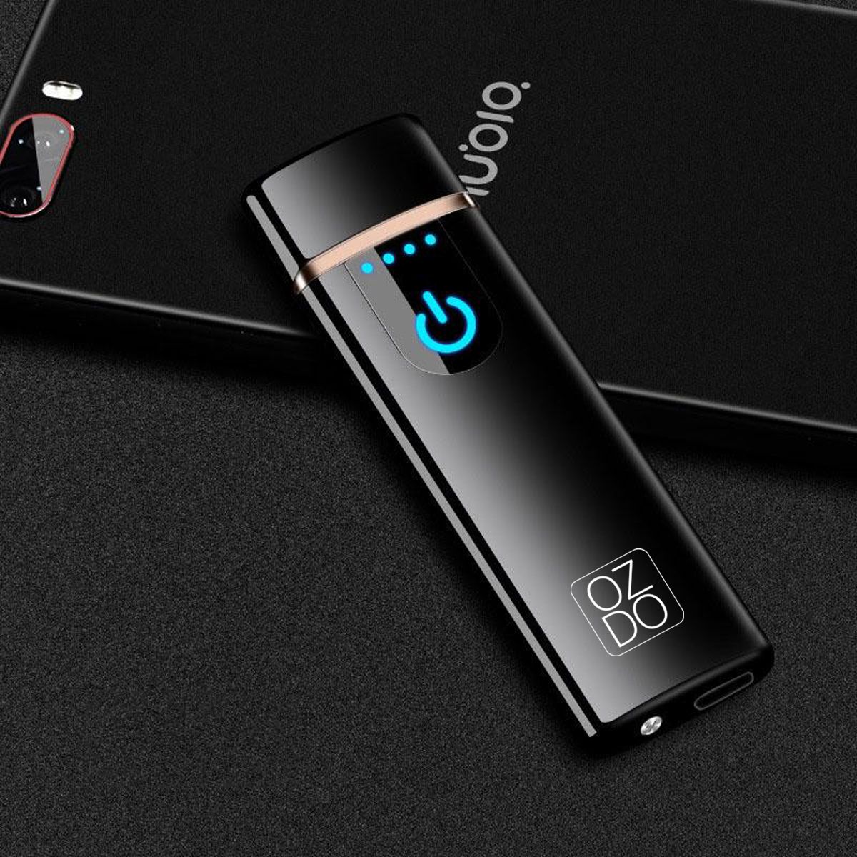 Black rechargeable lighter with a glowing touch button
