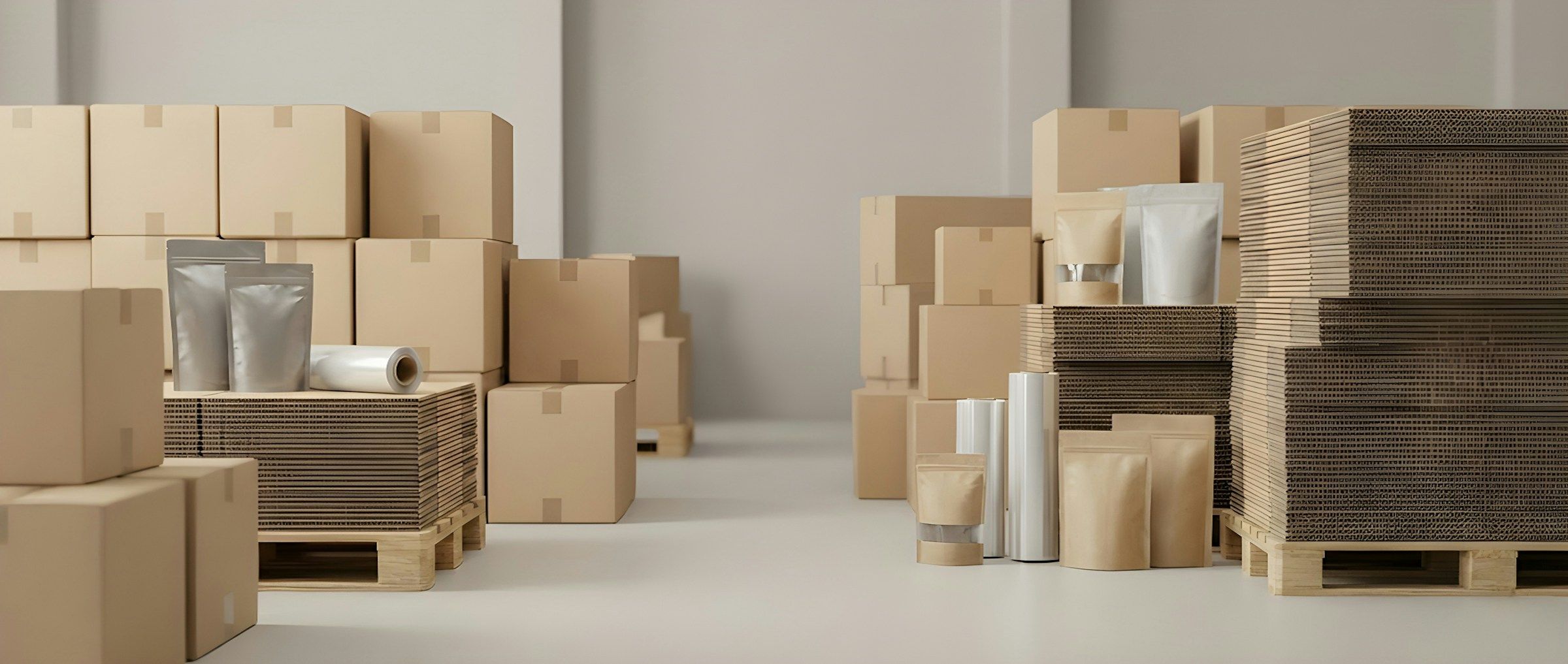Packed cartons and packaging supplies on pallets in a warehouse